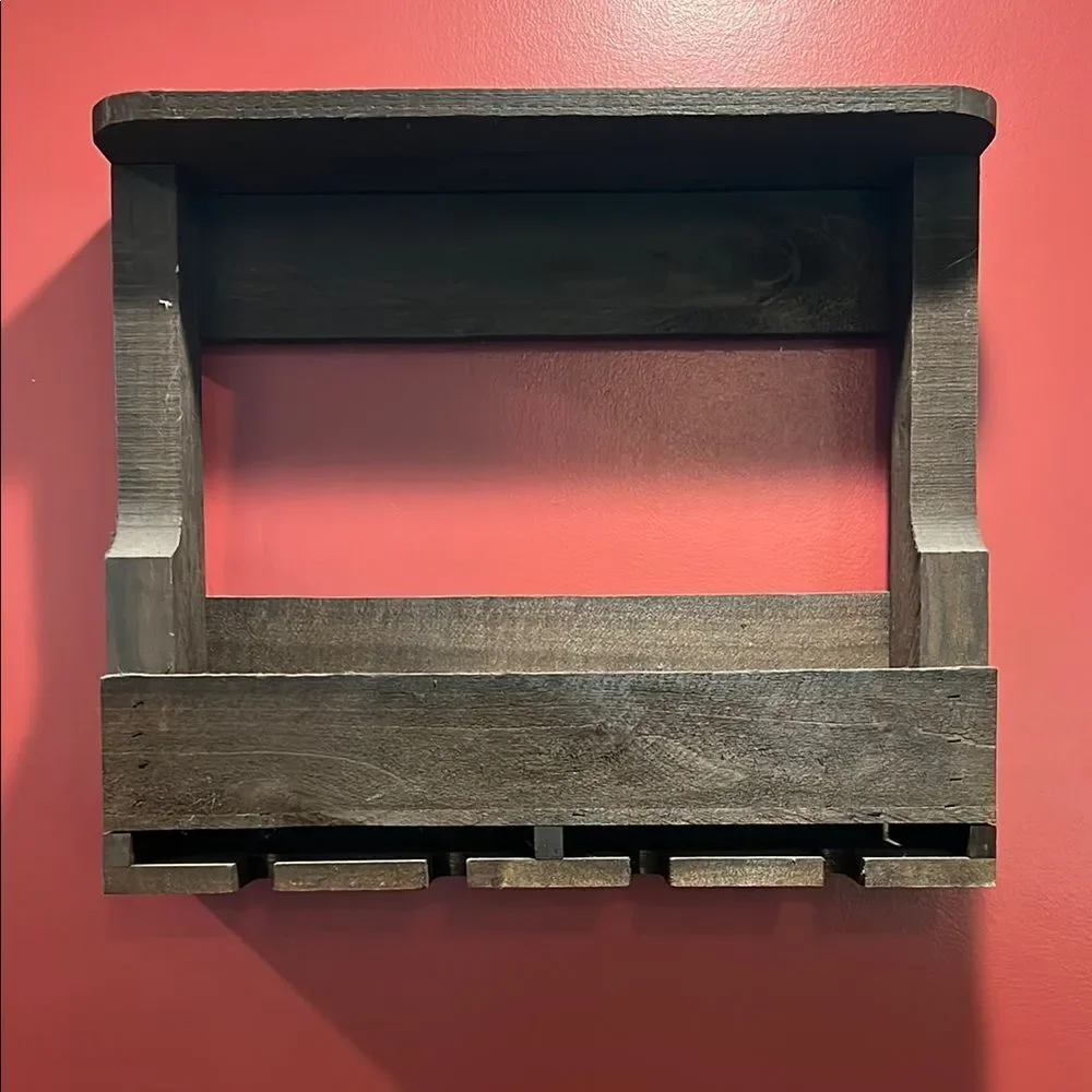 Wine rack. Wooden. Holds 4 glasses and 5 bottles.